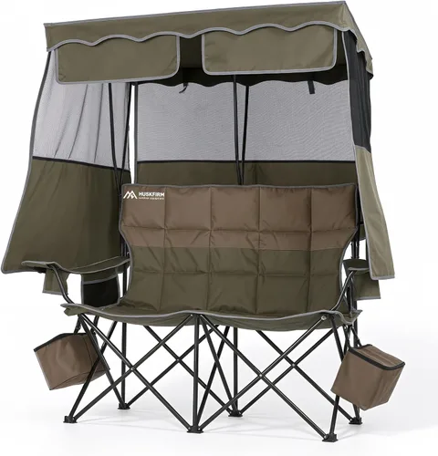 Vista 10 de Silla de playa doble con toldo, silla de camping con toldo, silla de campamento doble de gran tamaño con dosel, silla plegable de dos plazas con dos
