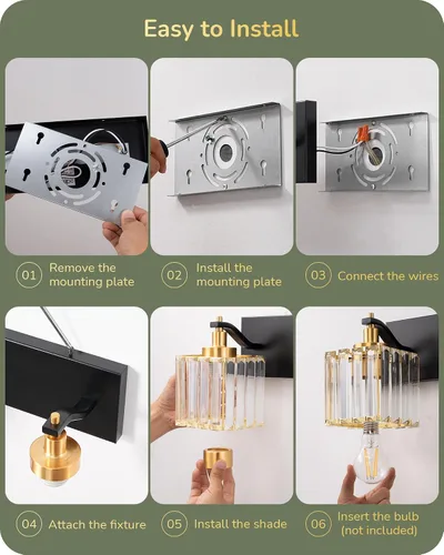Vista 8 de EDISHINE Lámparas de baño, accesorios de iluminación de tocador de baño de cristal sobre el espejo, 2 luces de tocador para baño, tocador, base E26