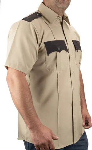 Vista 3 de First Class camisa para uniforme en dos tonos, 100% poliéster, mangas cortas, para hombre.
