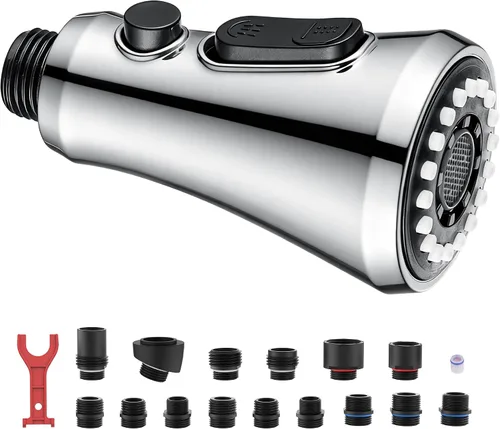 Vista 10 de Cabezal rociador desplegable para grifo de cocina, repuesto de cabezal de grifo de cocina con 15 adaptadores, boquilla rociadora de grifo de Níquel