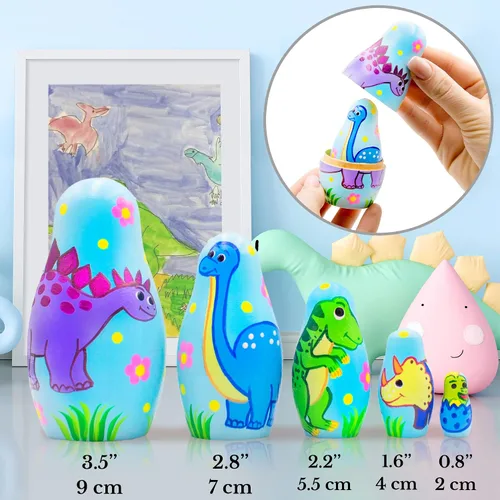 Vista 3 de AEVVV Juego de 5 muñecas anidables de dinosaurio, muñecas rusas de dinosaurio, figuras de dinosaurio de madera