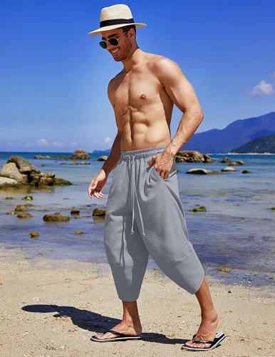 Vista 3 de COOFANDY Pantalones capri harén de lino para hombre, ligeros, sueltos, 34, con cordón elástico, cintura elástica, pantalones casuales para yoga