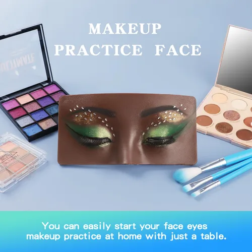 Vista 6 de Tabla facial de práctica de maquillaje, cara de maniquí de silicona reutilizable 3D con 5 brochas de maquillaje, cara de práctica de maquillaje