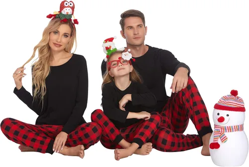 Vista 2 de Ekouaer Pijamas a juego para la familia, ropa de dormir de Navidad de manga larga con pantalones a cuadros, conjunto de pijamas suaves S-XXL