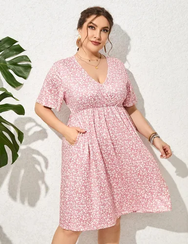 Vista 5 de ShopWonder Vestido de talla grande para mujer, con cuello en V, acampanado, largo hasta la rodilla, vestido de fiesta, minivestido de fiesta