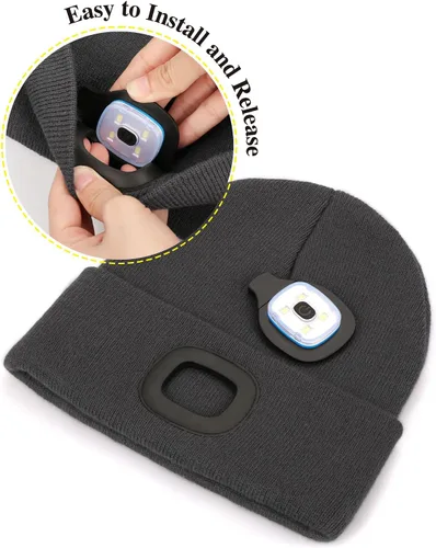 Vista 4 de Gorro LED unisex con luz, recargable por USB, manos libres, gorro de luz nocturna de punto, gorro de linterna, regalos para hombres, para papá