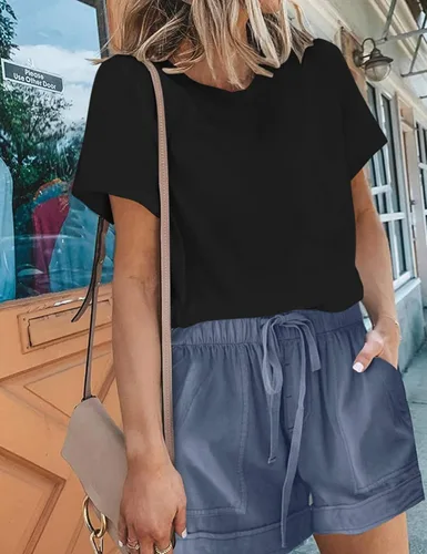 Vista 6 de Saslax Camiseta de manga corta con cuello redondo y ajuste holgado para mujer, estilo casual, básico