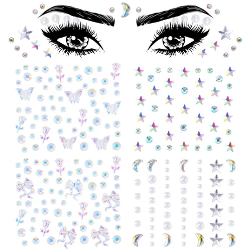Vista 8 de OIIKI 4 hojas de calcomanías de gemas de cara de corazón de estrella, calcomanías de acrílico para joyería de cuerpo, perlas de luna de Halloween