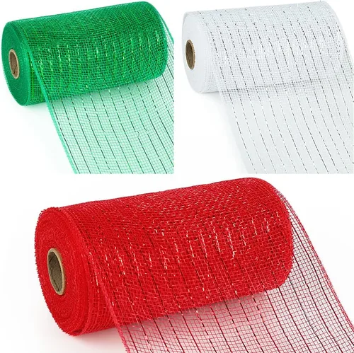 Vista 2 de 3 rollos de cinta de malla para coronas, 6 pulgadas x 30 pies cada rollo de rollos de malla de polideco rojo, verde y blanco, cinta de Navidad