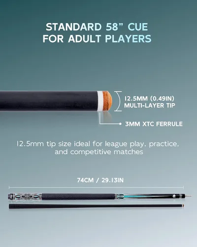 Vista 5 de CRICAL CXD Series Carbon Fiber Pool Cue, Low Deflection 12.5mm tip, Pro Taper shaft, precise control, easy stroke feel for adults