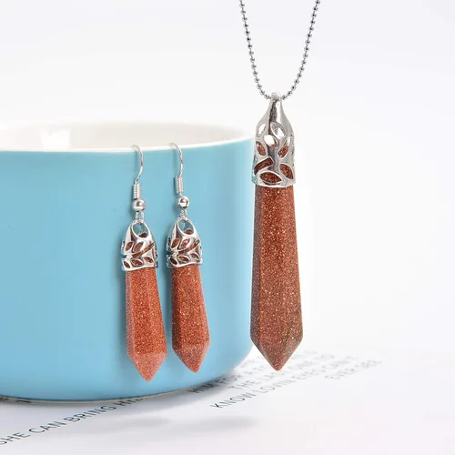 Vista 5 de AD Beads Juego de pendientes y pendientes hexagonales de piedras preciosas naturales para reiki