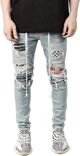 Vista 2 de Pantalones de mezclilla para hombre, estilo vintage, rasgados, estampados, ajustados, estilo hip hop, ajustados, con parches