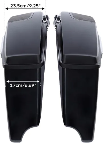 Vista 5 de XFMT Alforjas extendidas de 4 pulgadas con tapas de altavoz de 5 x 7 pulgadas para Harley Touring CVO Street Road Glide 2014-2023, negro vivo Negro