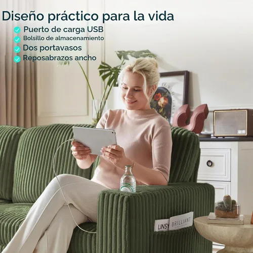 Vista 7 de LINSY HOME Sofá Seccional Cama con Sofá Cama Extraíble Convertible de Pana Suave Tipo Nube con Chaise de Almacenamiento y Carga USB, Cómodos Sofás