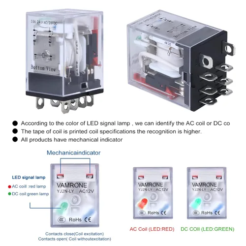 Vista 6 de Relé de potencia electromagnética, bobina de relé de CA de 8 pines 10A 12 con base de enchufe, indicador LED, DPDT 2NO 2NC - MY2NJ