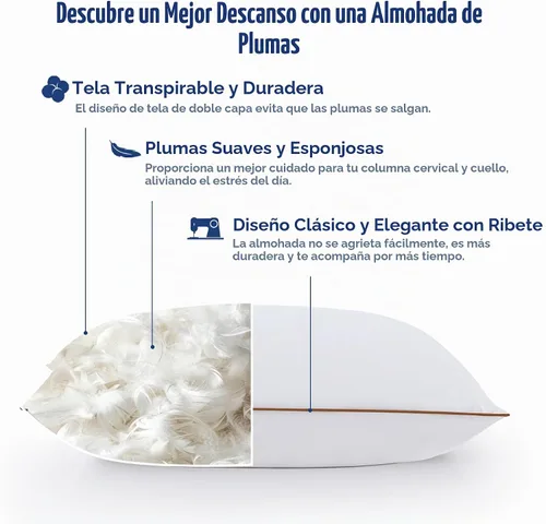 Vista 4 de puredown® Almohadas de Plumas y Plumón de Ganso Tamaño Estándar Juego de 2, Almohada de Cama Suave y Esponjosa para Dormir con Funda de Algodón
