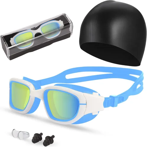 Vista 12 de Gafas de natación, gafas para adultos con gorro de natación, clip de nariz y tapones para los oídos, protección UV, lente antivaho y funda