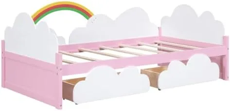 Vista 4 de Cama de tamaño individual con nubes – Base de cama artística con elementos del cielo y toque verde – Perfecto para niñas – Cama divertida e