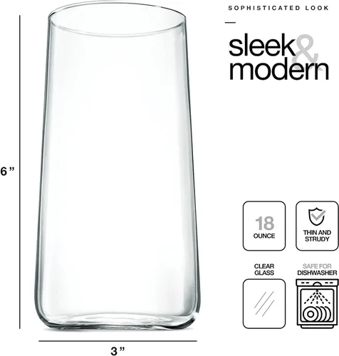 Vista 8 de BENETI Juego de 4 vasos de cristal modernos, vasos altos altos para beber, fabricados en Europa, cristalería de cocina para agua y jugo (18 unidades)