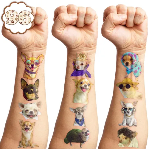 Vista 9 de Chihuahua - Tatuajes temporales para perro, suministros para fiesta de cumpleaños, recuerdos, tema, divertido, chihuahua, perro, cachorro, súper