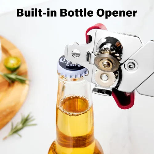 Vista 6 de TJ POP - Abrelatas manual, abrelatas de mano resistente, borde liso, perilla de fácil giro, con abrebotellas, accesorios de cocina, color rojo