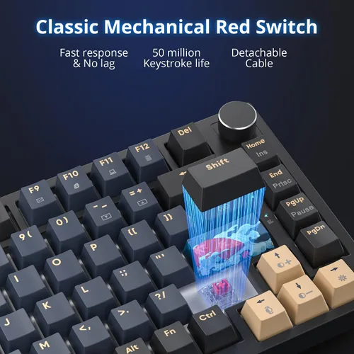 Vista 5 de BlueSamurai 75% Teclado mecánico con cable para juegos - Intercambiable en caliente, interruptor rojo, retroiluminado RGB de 82 teclas TKL