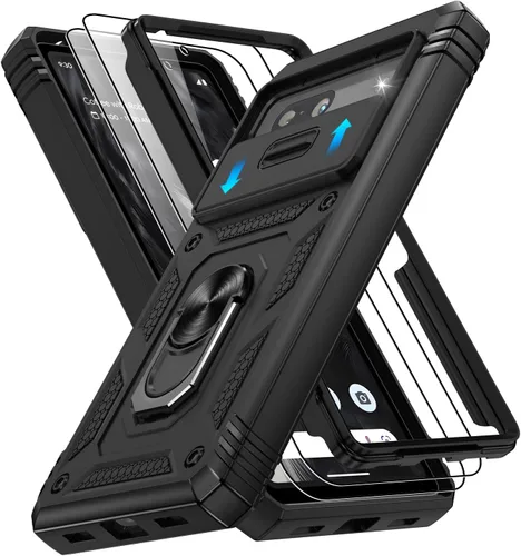 Vista 122 de Gritup Funda para Google Pixel 6 con cubierta deslizante para cámara y protector de pantalla (2 unidades), soporte de anillo giratorio 360°, funda