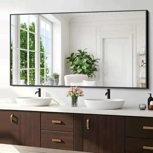 Vista 11 de KOCUUY Espejo de baño negro, espejo rectangular de 24 x 18 pulgadas para sobre el fregadero, espejo de pared decorativo moderno para dormitorio