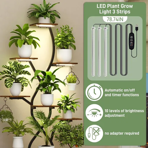 Vista 4 de Soporte para plantas de interior de 63 pulgadas con luces de crecimiento, estante para plantas de interior de 10 niveles, estante de plantas