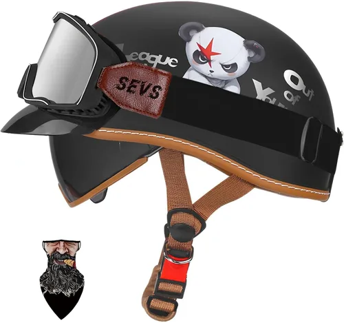 Vista 23 de Casco Moto Retro Jet para hombres y mujeres Homologado DOT, Medio Casco ABS, Ventilación Doble, Visera Retráctil y Forro Desmontable Fresco