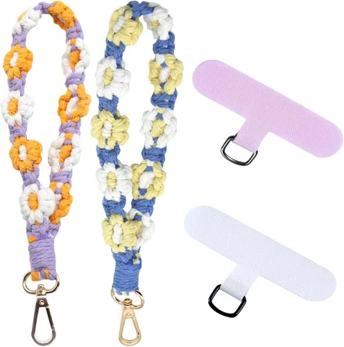 Vista 11 de VIOKKO Correa de muñeca de macramé bohemio para teléfono, cordón para teléfono celular con lengüeta de sujeción, pulsera con soporte para correa