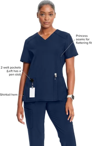 Vista 4 de Cherokee Infinity Camiseta Médica con Cuello en V para Mujer, Ajuste Contemporáneo, 2 Bolsillos, Inserto de Punto Acanalado, Aberturas Laterales
