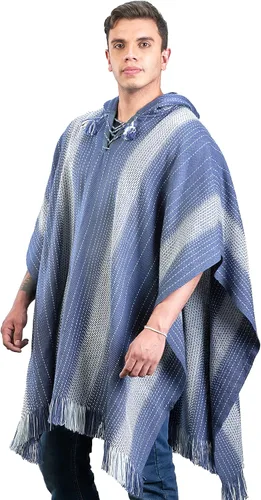 Vista 4 de INTI ALPACA Poncho con capucha de alpaca para hombre, capa de lana con capucha, poncho largo de invierno, cómodo abrigo de casa, color sólido