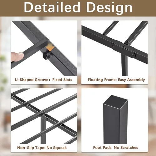 Vista 5 de VECELO Base de cama tamaño Queen con cabecera y estribo de madera, base de colchón de plataforma de cama Queen, soporte de listones de acero,