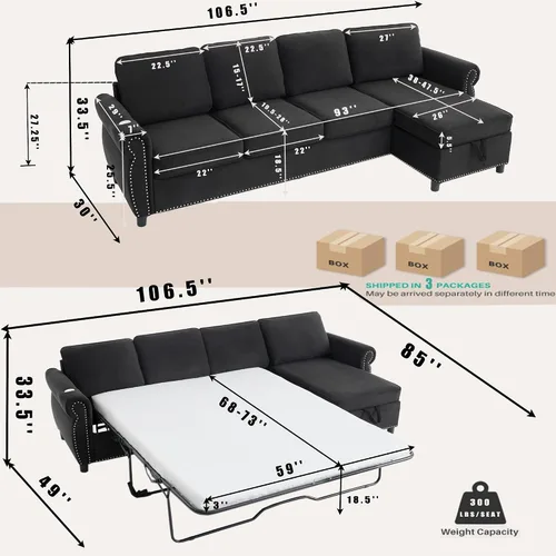 Vista 3 de 106" L Shaped Pull Out Sofa Bed, Modern Modular 4 Seater Storage Couch, 2-in-1 Sleeper Sofa Bed with Reversible Chaise and Wireless&USB Ports