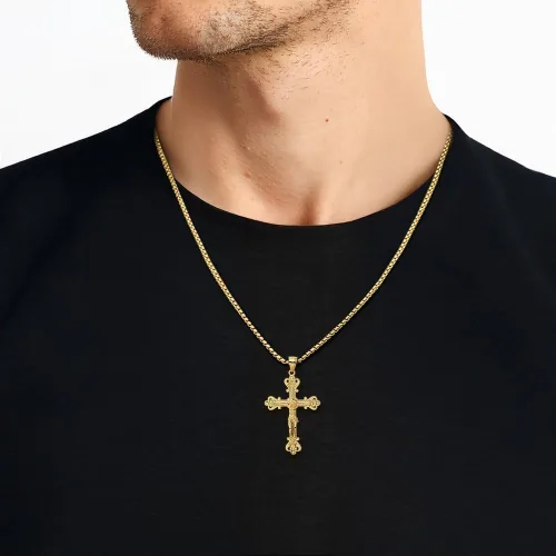 Vista 4 de IceCarats Collar con colgante de cruz sagrada de Señor Jesucristo de oro amarillo macizo de 14 quilates