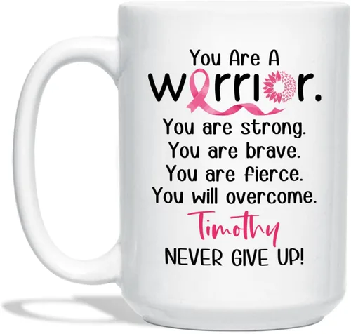 Vista 9 de Taza de café de concientización sobre el cáncer de mama con nombre personalizado, taza de café de 11 onzas, taza de té de cerámica blanca