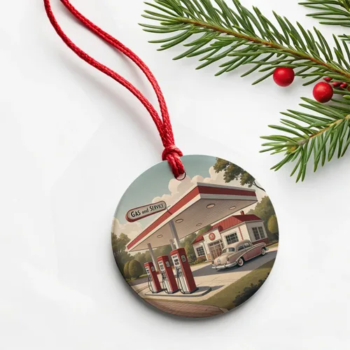 Vista 6 de Retro Americana 1950's Gas Station Convenience Store Round Ceramic Holiday Christmas Tree Ornament