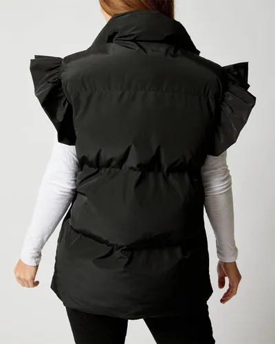 Vista 5 de Valphsio Chalecos acolchados para mujer, con mangas con volantes, para invierno, con botones y bolsillos