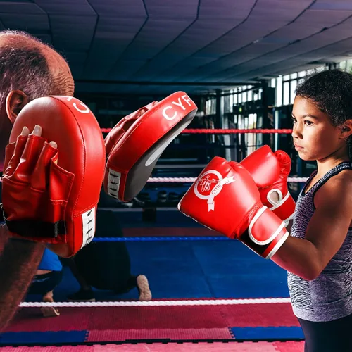 Vista 7 de SEISSO Almohadillas de boxeo para patadas, guantes de boxeo curvos, guantes de boxeo para niños, material de cuero, almohadilla de karate