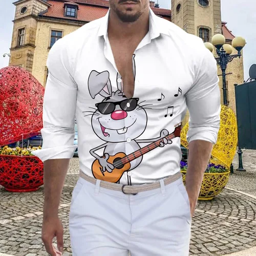 Vista 3 de Camisa de Pascua para hombre, camisas de manga larga con botones para hombre, camisa de vestir casual hawaiana de verano, camisas de playa