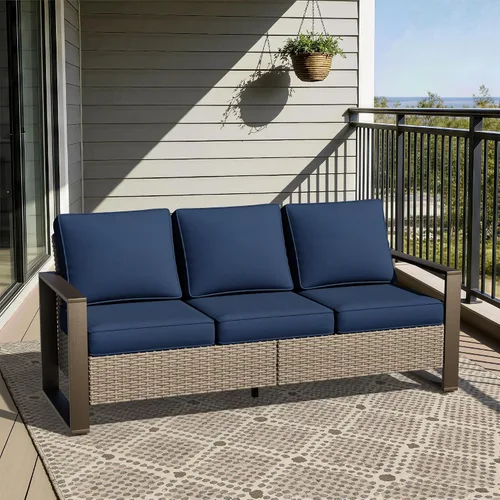 Vista 86 de Joyside - Sofá de mimbre para patio al aire libre, sofá de ratán de 3 plazas con cojines gruesos de olefina y reposabrazos rectangular con marco