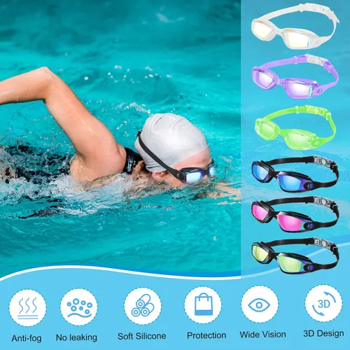 Vista 5 de Fabbay Paquete de 6 gafas de natación antivaho sin fugas, protección completa, para adultos, mujeres, hombres y jóvenes