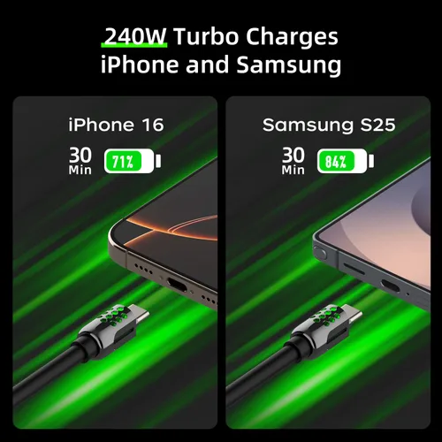 Vista 3 de Cable de carga rápida 4 en 1 con funda, 6.6 pies, color negro Cargador rápido PD 3.1 máximo de 240 W, USB-A/USB-C a USB-C/Lightning, compatible