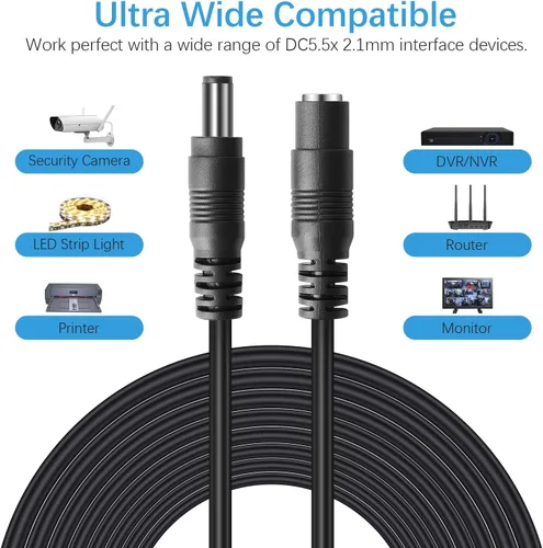 Vista 2 de Cable de extensión de alimentación CC, cable de extensión de 12 V CC de 0.083 in x 0.217 in, cable de alimentación macho a hembra, para cámara