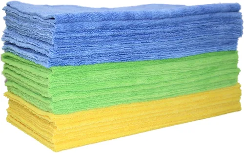 Vista 6 de POLYTE Toalla de limpieza de microfibra corte ultrasónico sin bordes (16 x 16, paquete de 24, premium, azul, gris, amarillo)