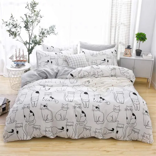 Vista 7 de Juego de funda de edredón de gatos, tamaño individual, ropa de cama 100% algodón, varios patrones de gatos de dibujos animados impresos en blanco