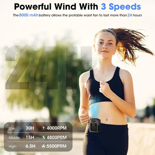 Vista 5 de Ventilador personal portátil recargable de 8000 mAh, ventiladores corporales con 3 velocidades de enfriamiento más rápido y luz LED, ventiladores