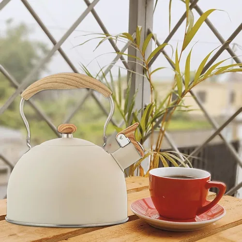 Vista 9 de Vilihkc Hervidor de té de 2.6 litros, tetera para estufa, acero inoxidable de grado alimenticio con mango plegable con patrón de madera, silbato
