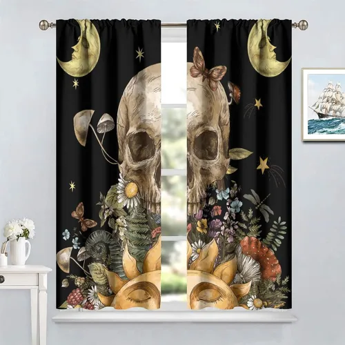 Vista 52 de Cortinas góticas de bosque de cuervos, para Halloween, espeluznante, negro, cuervo negro, alas oscuras, suspenso, bolsillo para barra, cortinas